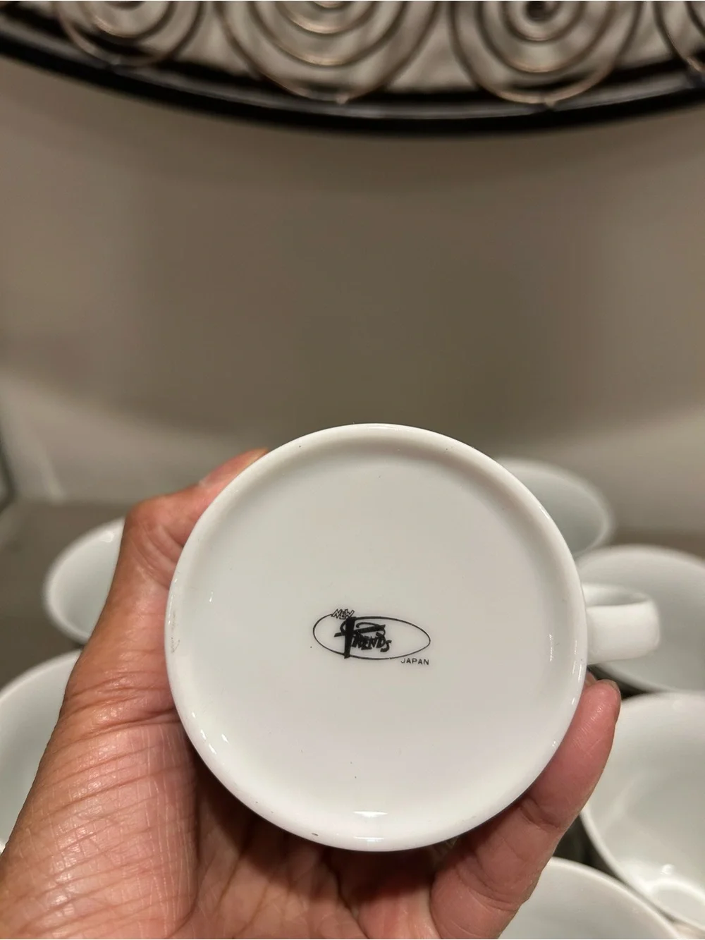 Set of 8 Porcelain Teacups with Black and White Scenic Design
